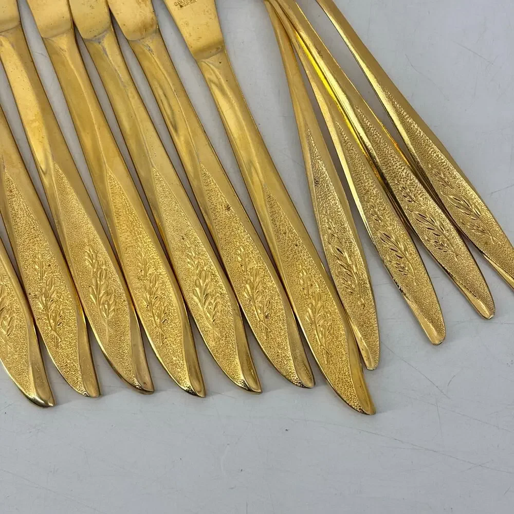 Vassar Nasco Stainless Steel Flatware Gold Tone Wheat Leaves 80s Knifes Forks